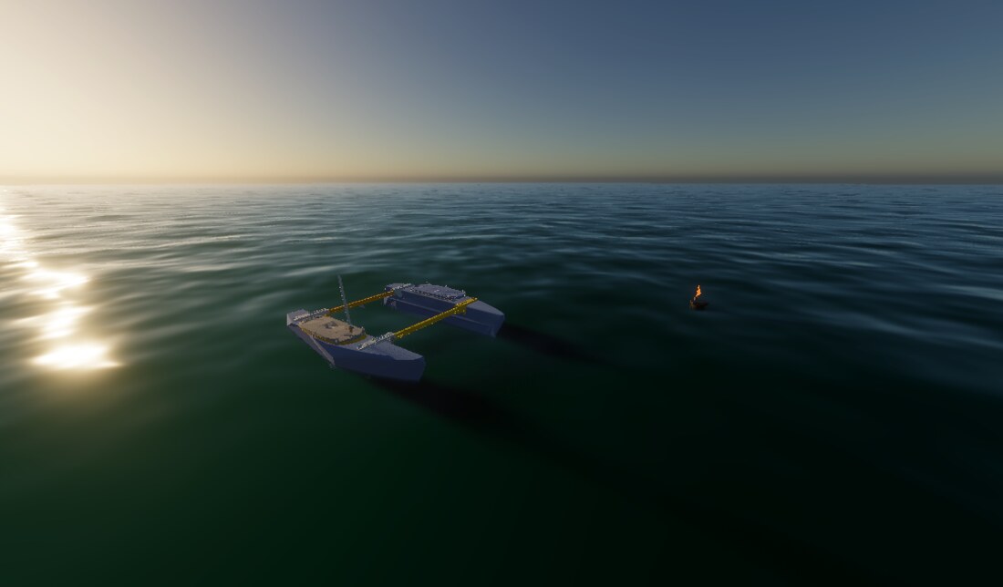 Simulated BlueBoat approaching an orange buoy in the high-fidelity training simulator